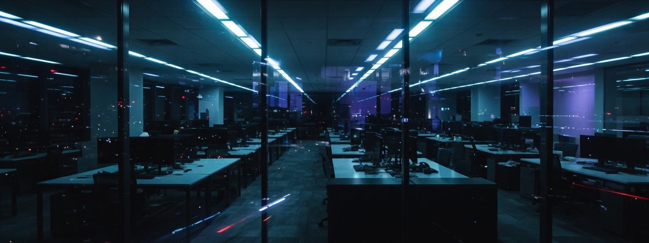 Planta de oficinas vacía vista de noche desde el exterior a través del muro cortina, con líneas de luz fría en el plafón